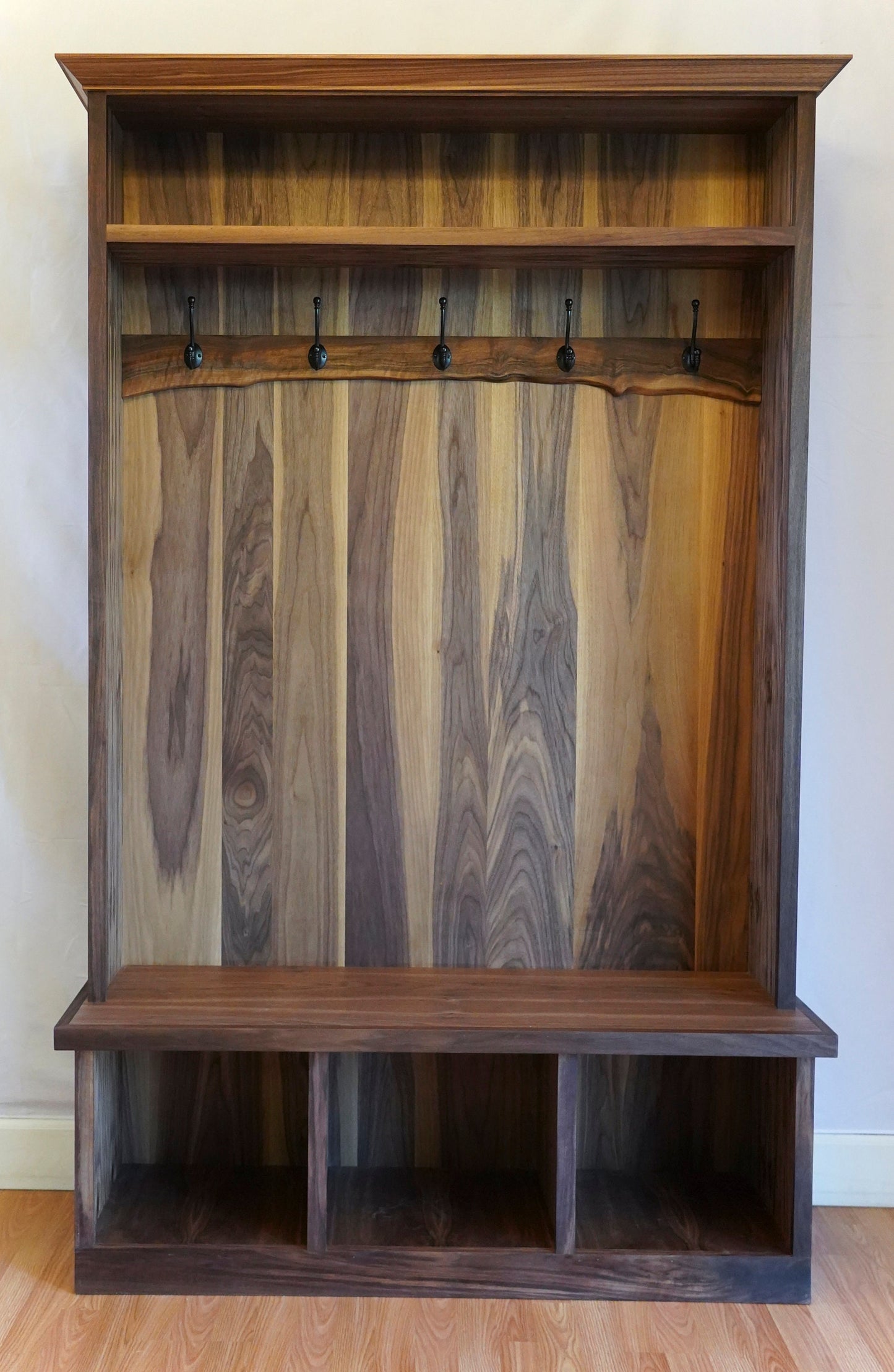 black_walnut_wooden_hall_tree_with_top_shelf_and_hooks