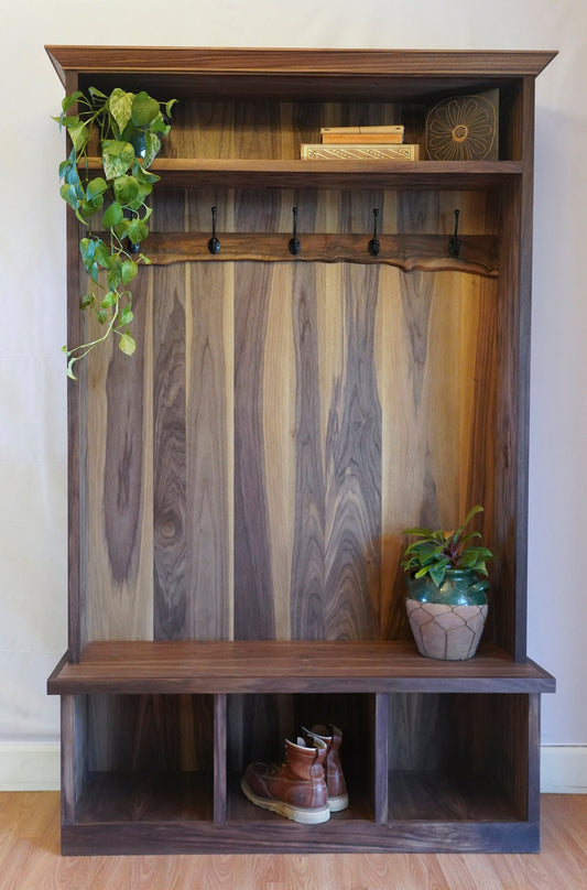 MADE 2 ORDER 36"-60" Black Walnut Hall Tree w/live edge accent strip. Mudroom/Entryway/Laundry Organizer/Storage Bench. Free Shipping in US