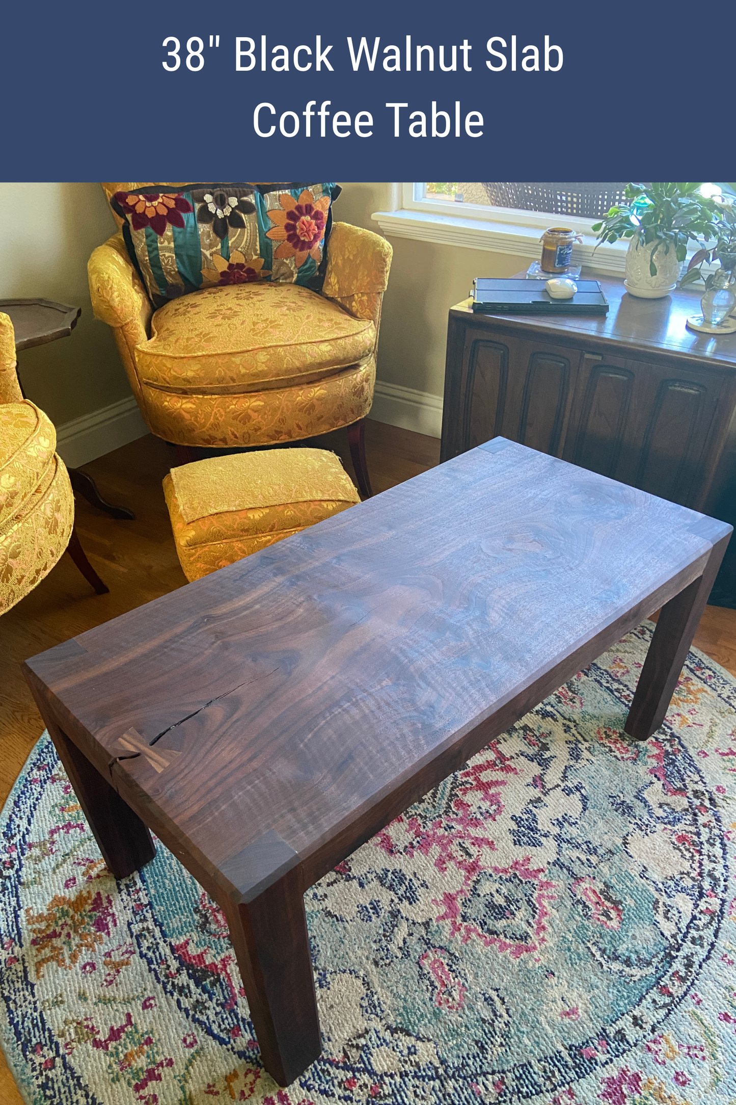Black Walnut Slab Coffee Table with Bow Tie Inlay | Handcrafted Solid Wood Table