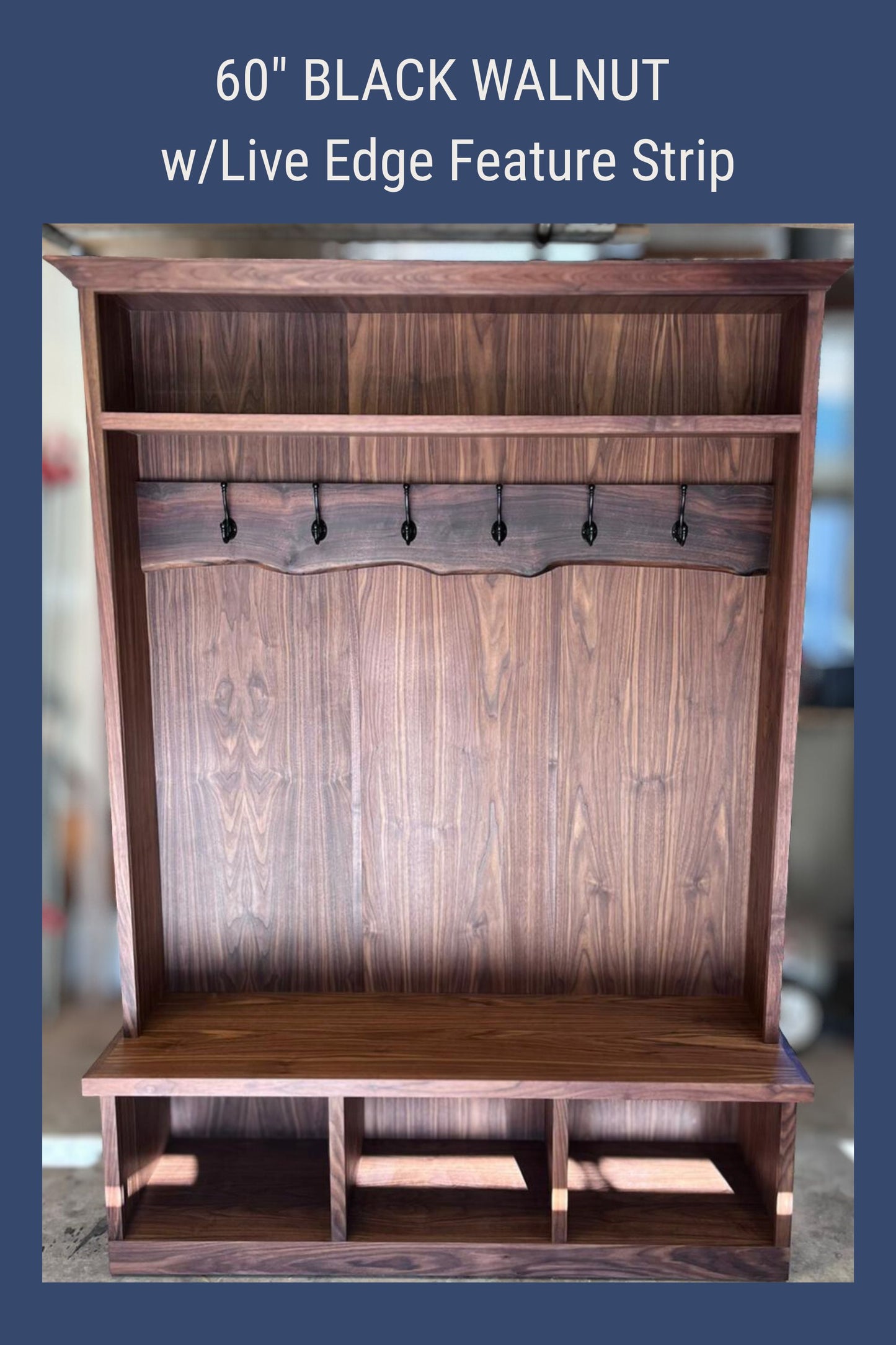 Black Walnut Hall Tree with Bench | Solid Wood Entryway Storage | Live Edge Accent