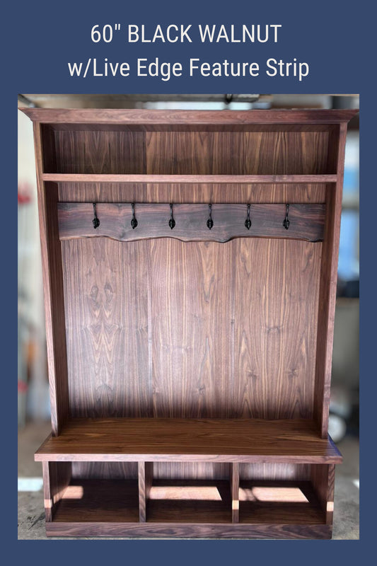 Black Walnut Hall Tree with Bench | Solid Wood Entryway Storage | Live Edge Accent