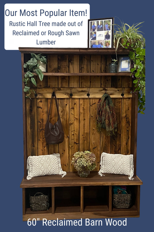 Reclaimed Wood Hall Tree with Bench | Rustic Entryway Storage | Live Edge Slab Upgrade