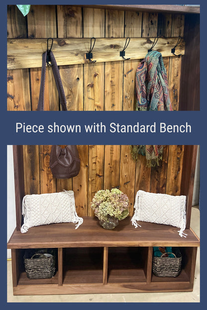 Reclaimed Wood Hall Tree with Bench | Rustic Entryway Storage | Live Edge Slab Upgrade