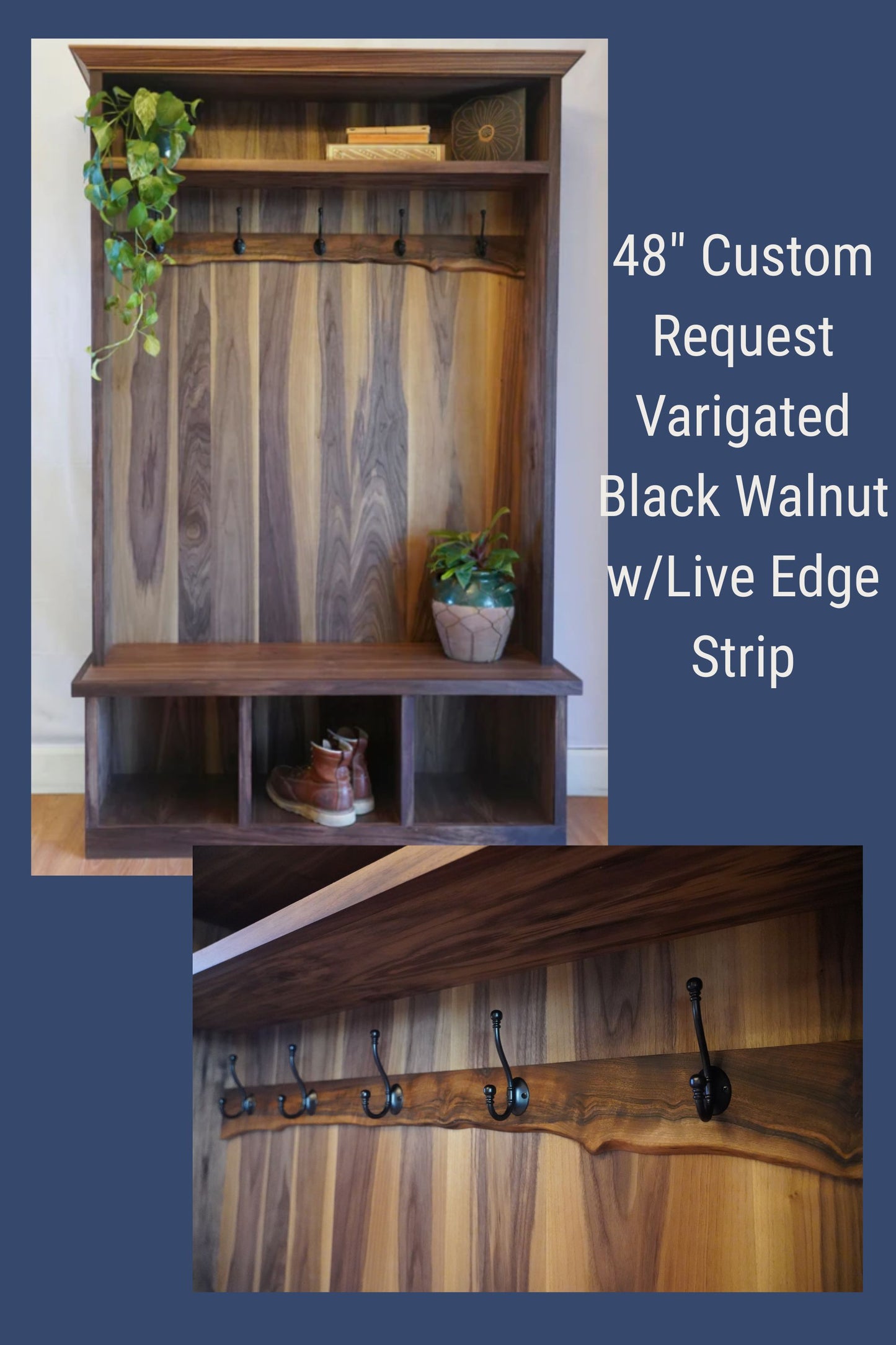 Black Walnut Hall Tree with Bench | Solid Wood Entryway Storage | Live Edge Accent