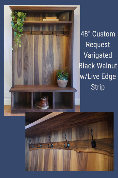 Black Walnut Hall Tree with Bench | Solid Wood Entryway Storage | Live Edge Accent