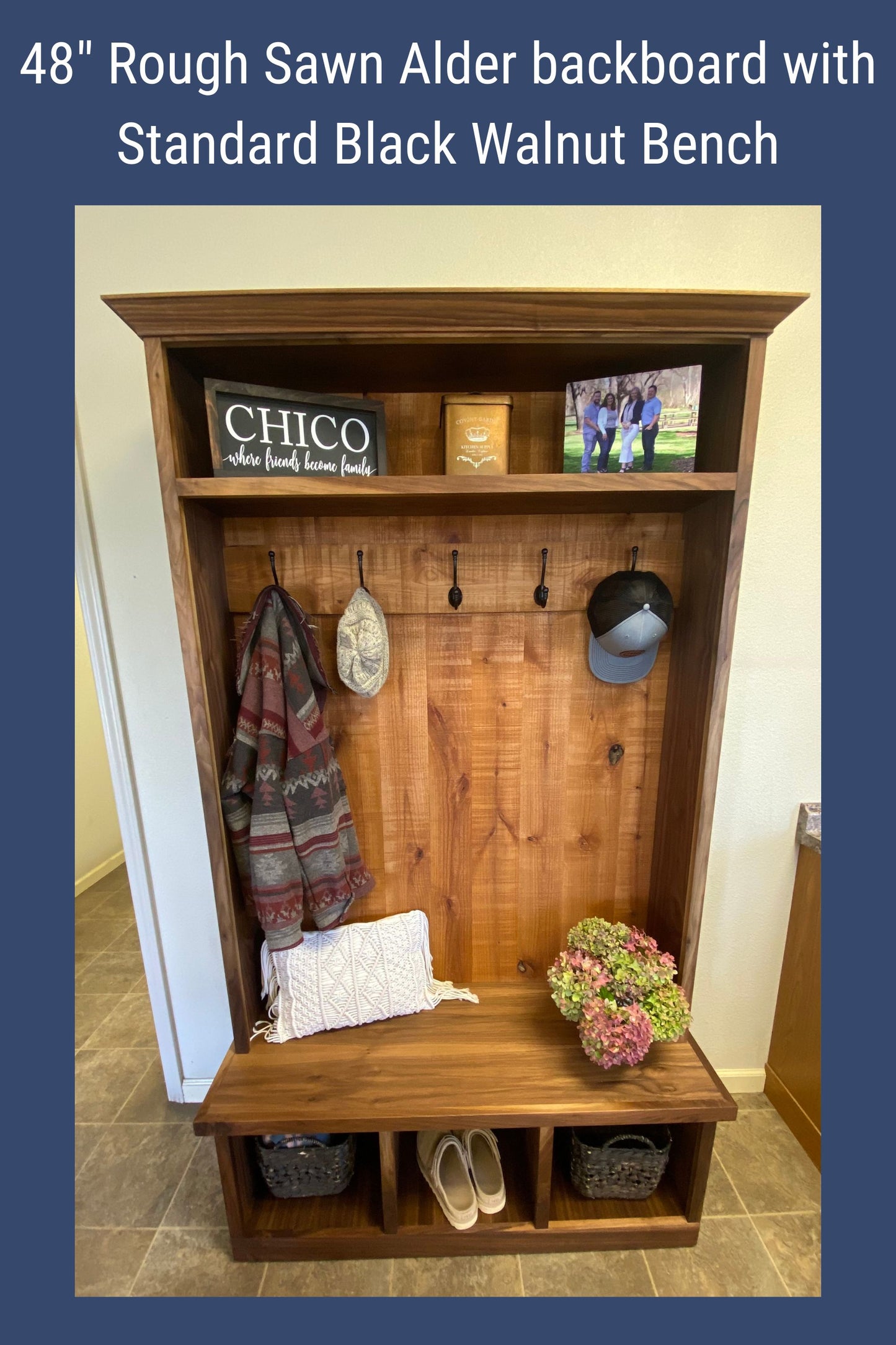 Reclaimed Wood Hall Tree with Bench | Rustic Entryway Storage | Live Edge Slab Upgrade