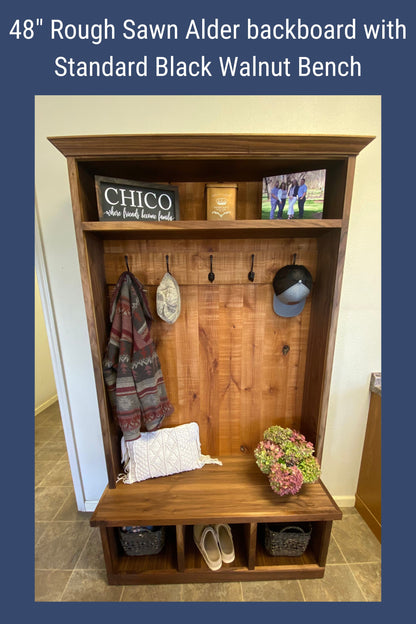 Reclaimed Wood Hall Tree with Bench | Rustic Entryway Storage | Live Edge Slab Upgrade