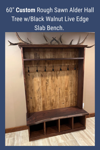 Reclaimed Wood Hall Tree with Bench | Rustic Entryway Storage | Live Edge Slab Upgrade