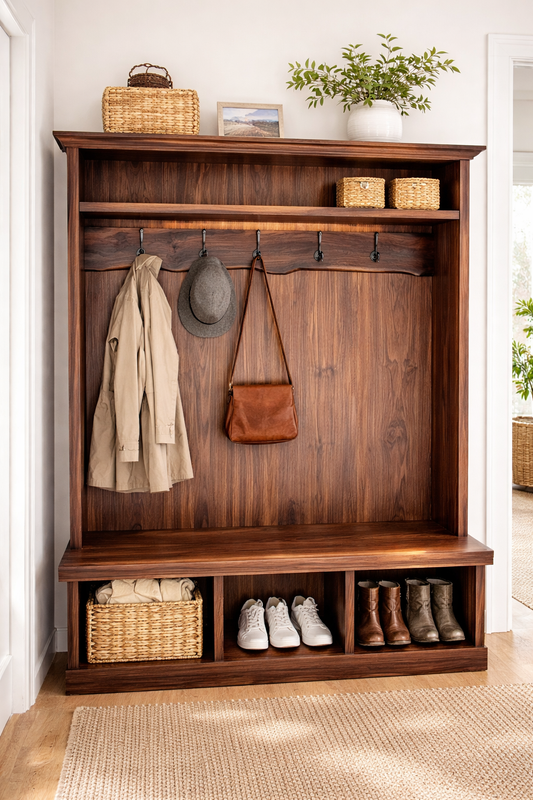 Black Walnut Hall Tree with Bench | Solid Wood Entryway Storage | Live Edge Accent