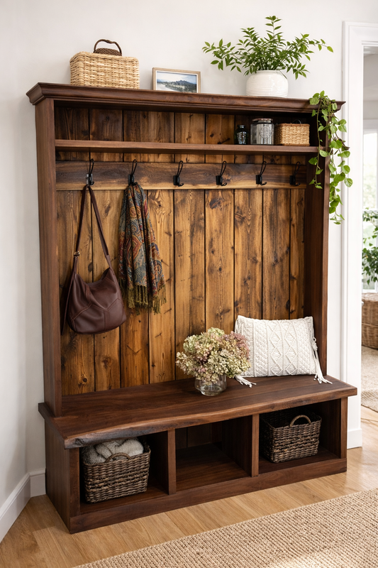Reclaimed Wood Hall Tree with Bench | Rustic Entryway Storage | Live Edge Slab Upgrade