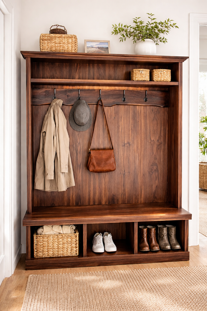 Black Walnut Hall Tree with Bench | Solid Wood Entryway Storage | Live Edge Accent