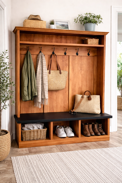 Handcrafted Wooden Hall Tree with Bench | Entryway Storage & Coat Rack