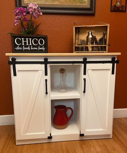 Painted Solid Wood Cabinet w/natural Hickory Top | Barn Style Doors | Coffee or Wine Bar | Media or Storage Cabinet |